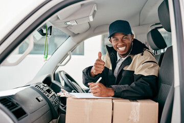 Sticker - Your deliveries are on their way to you. Portrait of a courier showing thumbs up while sitting in a delivery van.