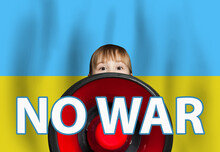 Little Girl With Loudspeaker On Blue And Yellow Ukrainian Flag Background