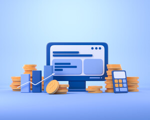 Poster - Pc computer and bar chart with coins, calculation and finance
