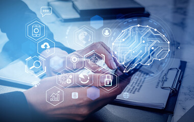 Poster - Woman hands typing on phone, brain icon with digital circuit hologram