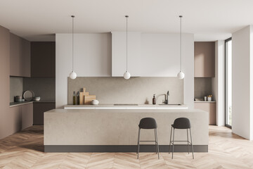 Light kitchen interior with island and seats, shelves and kitchenware, window