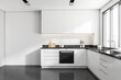 © ImageFlow - Front view on bright kitchen interior with empty white wall