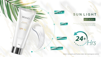 Sunscreen ads skin care and cosmetic on luxury golden theme beautiful gold white  light glitter and  tropical leaves decorations in 3d illustration.Top view