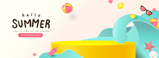 Wall Mural - summer sale banner with beach vibes decorate and product display cylindrical shape