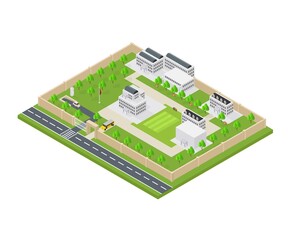school building with soccer field school car and beautiful garden