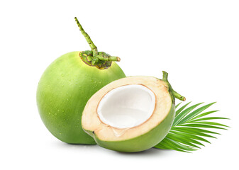 Wall Mural - coconut juice in half fruit isolated on white background.