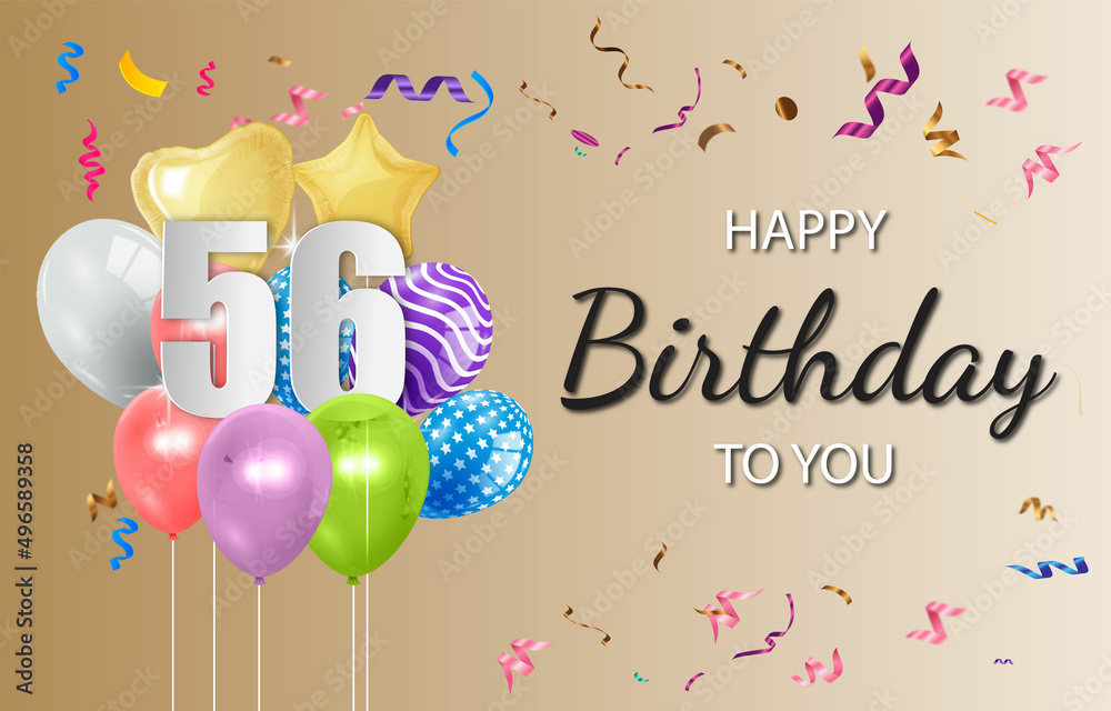 Happy 56th birthday balloons greeting card background vector. Happy ...