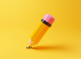 Yellow crayon drawing pencil writing on yellow background for art designer and education stationary tool concept by 3d render.