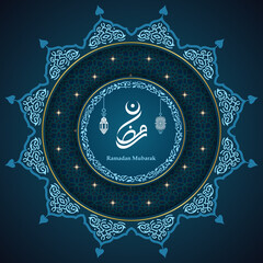 Wall Mural - Ramadan Kareem design crescent moon, mandala, lamp and mosque dome silhouette with Arabic pattern and calligraphy. arabic text mean ramadan the holy month