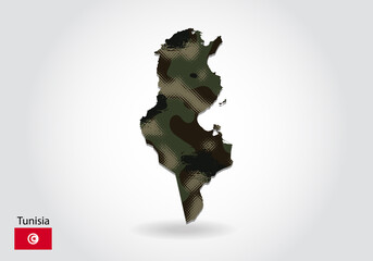 Wall Mural - tunisia map with camouflage pattern, Forest - green texture in map. Military concept for army, soldier and war. coat of arms, flag.