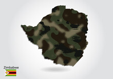 Zimbabwe Map With Camouflage Pattern, Forest - Green Texture In Map. Military Concept For Army, Soldier And War. Coat Of Arms, Flag.