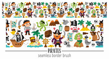 Vector Pirate Horizontal Seamless Border Brush With Sailors And Animals. Sea Adventures Horizontal Repeat Background Or Treasure Island Design. Cute Illustration With Ship, Octopus, Mermaid.