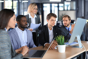 Poster - Business meeting - manager discussing work with his colleagues.