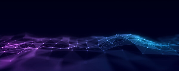 Futuristic moving wave. Digital background with moving glowing particles and lines. Big data visualization. 3d rendering