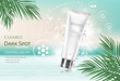 Refreshing tropical leaves luxury skin care banner ads with flying leaves and chiffon element in 3d illustration