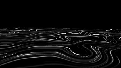 Poster - a flow of smooth swirling vortices. glowing coils of turbulence on a black background. abstract digi