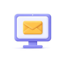 Poster - Computer monitor display and envelope. Mail service, e-mail message, mail notification, social network concept. 3d vector icon. Cartoon minimal style.