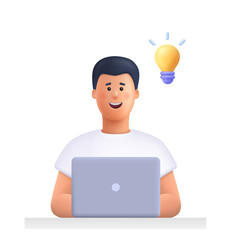 Poster - young man working on the laptop computer and having a idea. freelance job, creativity innovation and