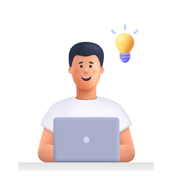 Wall Mural - Young man working on the laptop computer and having a idea. Freelance job, creativity innovation and business idea concept. 3d vector people character illustration. Cartoon minimal style.
