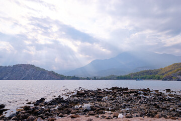 Wall Mural - Landscape with Meditterranean sea beach and mountains.