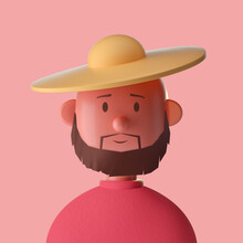 Bearded Farmer Man Cute Iconic Character. 3D Rendering