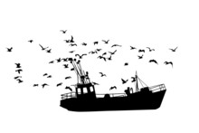 Fishing Ship Isolated On White Background. Fishing Boat With Many Seagulls. Side View Of Commercial Trawler. Industrial Seafood Production. Black Fishing Barge Icon. Fishermen Vessel In Ocean. Vector