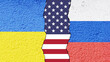 Ukraine-Russia-America conflict. Country flags on broken wall.