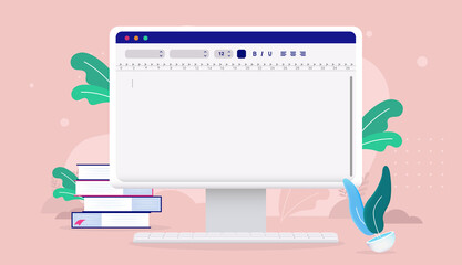 Poster - Text writing software on desktop computer screen with empty document. Vector illustration