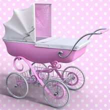 Illustration Of A Pink Victorian Baby Pram Against A Pink Polka Dot Background.