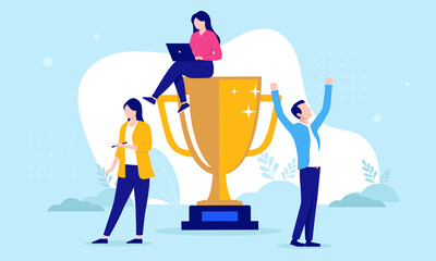 Aufkleber - Business trophy - Team of successful people celebrating achievement and winning. Flat design vector illustration with blue background