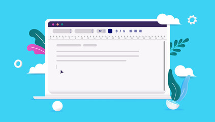 Poster - Text edit and writing software on laptop computer screen with blue background. Vector illustration