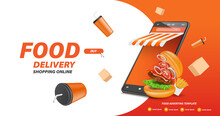Burgers And French Fries Are Placed Next To A Smartphone Shop. And There Are Food Boxes And Soda Cans Floating Around,vector 3d Template For Delivery Advertising Concept Design