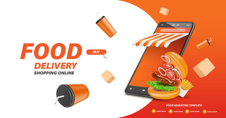 Wall Mural - Burgers and french fries are placed next to a smartphone shop. And there are food boxes and soda cans floating around,vector 3d template for delivery advertising concept design