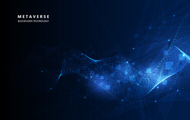 Poster - Metaverse, virtual reality, augmented reality and blockchain technology, user interface 3D experience. Word metaverse with world map globe in futuristic environment background.