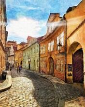 Digital Painting Modern Artistic Artwork, Prague Czechia, Drawing In Oil European Famous Old Street View, Beautiful Old Vintage Houses, Design Print For Canvas Or Paper Poster, Touristic Production