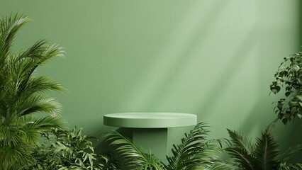 Wall Mural - Green podium in tropical forest for product presentation and green wall.