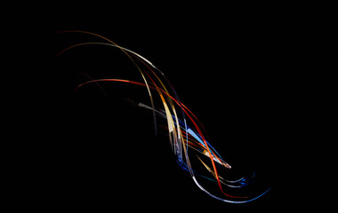 Wall Mural - Abstract twisting glossy shapes at black background, 3D rendering illustration.