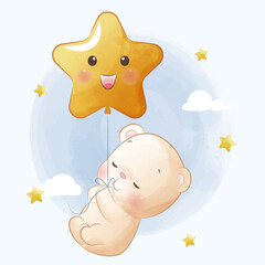 Wall Mural - Cute bear is flying a balloon in the sky among the stars