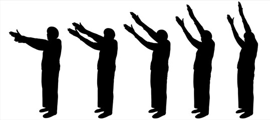 Sport. Warm-up for older people. The movement of two hands from below and to the top. An elderly woman is standing half sideways. An older woman with a short haircut, in long trousers, in a blouse.