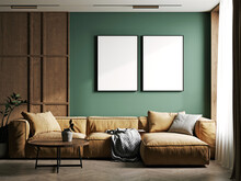 3d Render Of A Green Room With A Lather Brown Sofa. Home Interior 3d Rendering