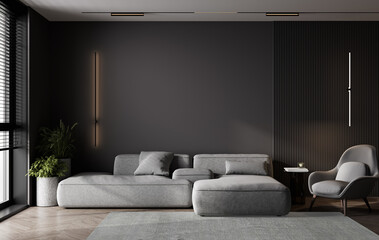 Stylish dark living room interior with gray sofa mock up, modern interior background, empty black wall mockup, 3d illustration