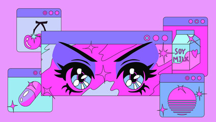 Poster - Vaporwave the 90's like style collage with user interface elements and cartoon anime illustrations.