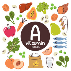 Food products with high levels of Vitamin A (Retinol). Cooking ingredients. Fruits, vegetables, legumes, grain, fish.