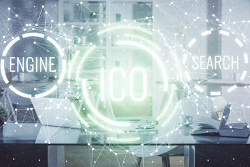 Aufkleber - Double exposure of crypto technology theme drawing and office interior background. Concept of blockchain.