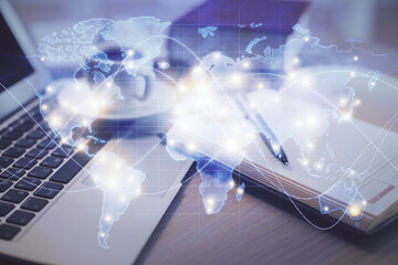 Aufkleber - Double exposure of business theme drawing and desktop with coffee and items on table background. Concept of market trading