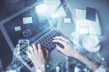 Poster - Double exposure of woman hands typing on computer and flying envelop drawing. E-Mail concept.