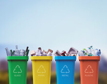 Collection Of Recycling Bins With Different Types Of Waste