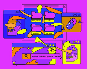 Poster - Retrowave style desktop screen with different user interface elements: message boxes and tabs.