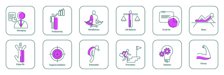 Canvas Print - icon set of productivity, mindfulness, life balance, to-do list, relaxation, inspiring, fitness, tar