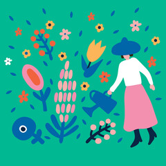  Woman waters flowers from a watering can in the garden. Cute illustration.